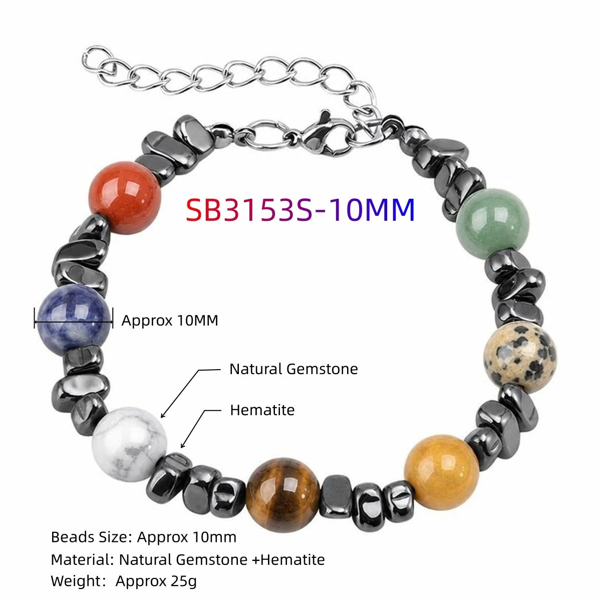 10MM Natural Gemstone & Hematite Adjustable Bracelet with Extension Chain - Unisex Healing Crystal Jewelry Gift for Men Women #SB3153