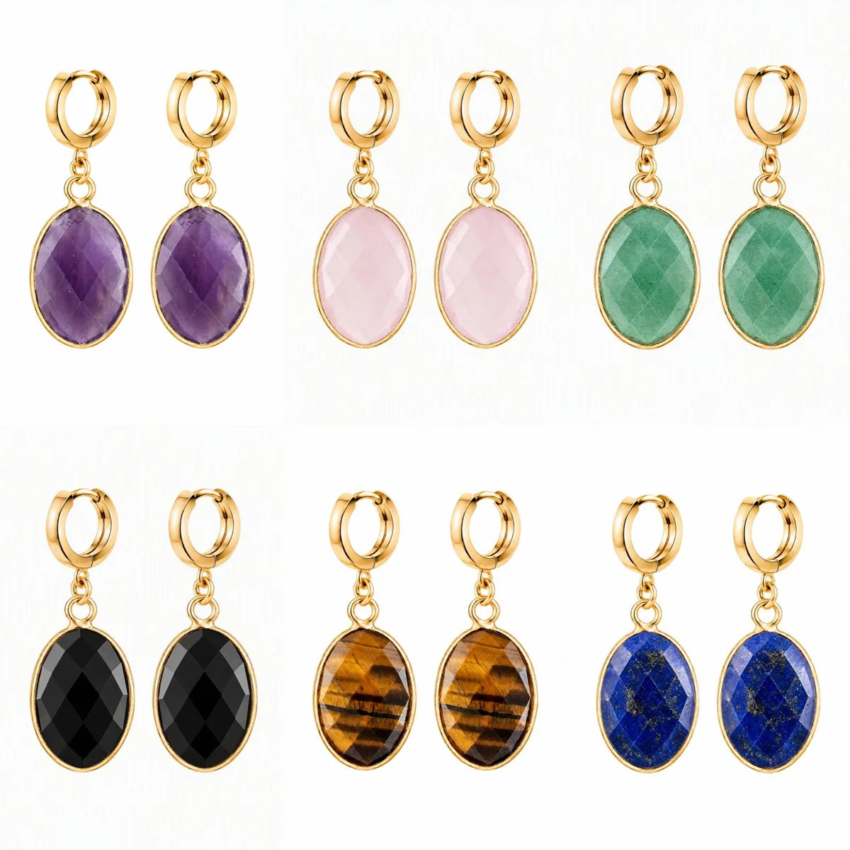 Gemstone Faceted Oval Gold Bezel Huggie Drop Earrings Gold Plated Stainless Steel Crystal Dangle Earrings Jewelry