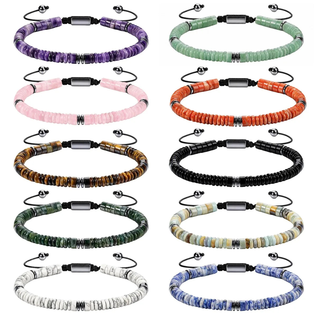 6MM Natural Stone & Hematite Disc Bead Adjustable Bracelet Macrame Slide Closure Unisex Healing Crystal Jewelry Men Women #SB3154