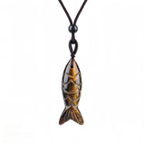 Handmade Craved Gemstone Fish Pendant Necklace Adjustable Rope Unique Gift for Her/Him