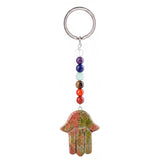 7 Chakra Stone Beads Chain Carved Gemstone Hamsa Hand Keychain Energy Balancing Healing Crystal Bag Charm of Fatima Key Ring  KC0671