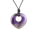 40mm Natural Healing Crystal Heart Pendant Necklace, Adjustable Wax Cord Stone Donut Amulet Jewelry for Spiritual Wellness