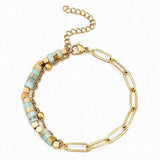 4mm Natural Stone Heishi Bead Bracelet Gold Stainless Steel Paperclip Chain Adjustable Multi-Color Gemstone Layering Jewelry #SB3163