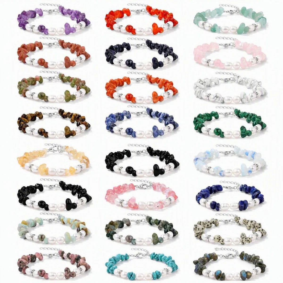 Handmade Healing Crystal Chip Bracelet Freshwater Pearl Beads Silver Extension Chain Women Fashion Stackable Bracelet #SB3136