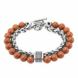 Men Double Layer Gemstone Bead Bracelet, Stainless Steel Chain OT Clasp Bracelet, 8mm Healing Crystal Wrist Jewelry Gift