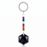 22mm Faceted Hexagon Natural Stone Keychain with 7 Chakra Beads Healing Crystal Bag Charm Ring Gift