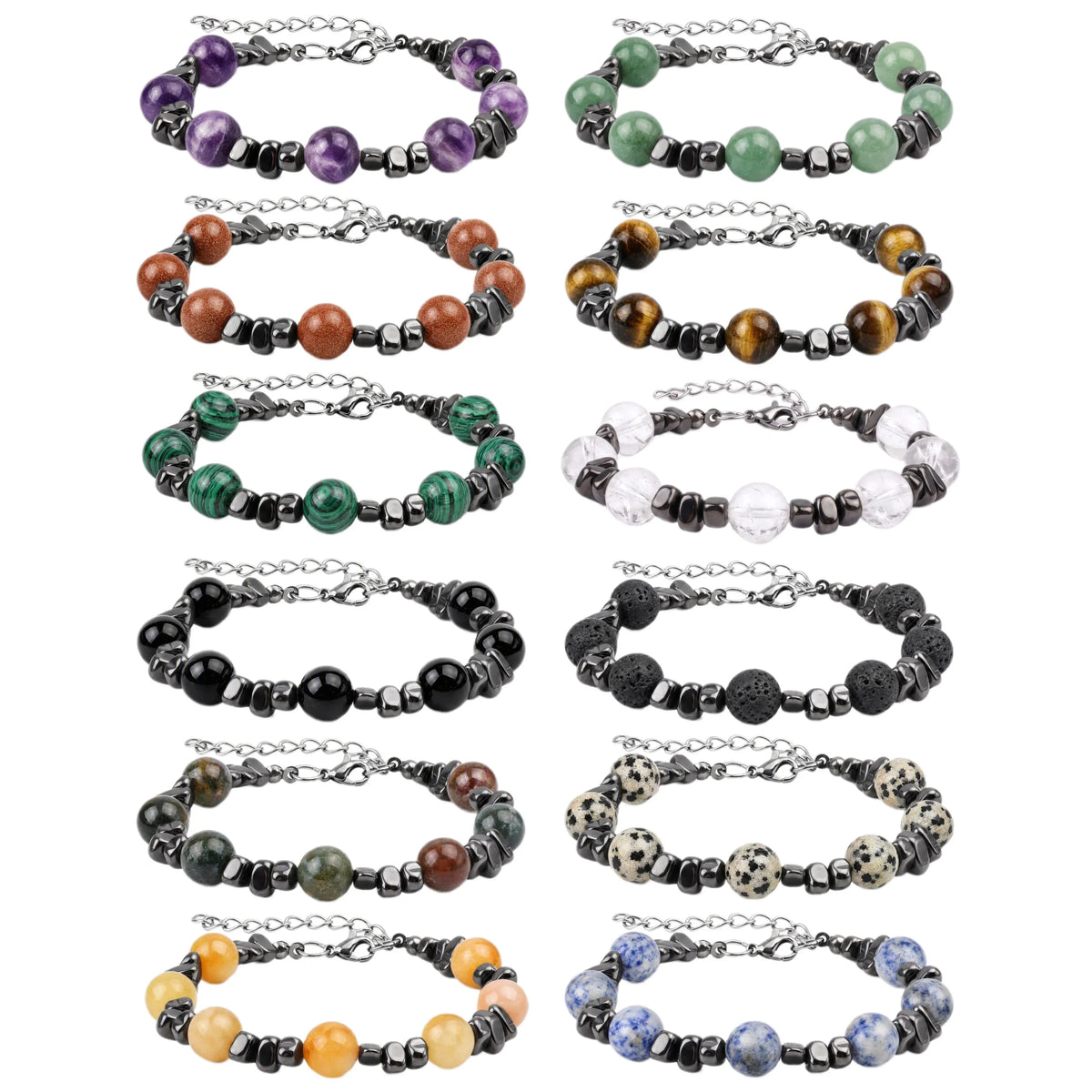 10MM Natural Gemstone & Hematite Adjustable Bracelet with Extension Chain - Unisex Healing Crystal Jewelry Gift for Men Women #SB3153