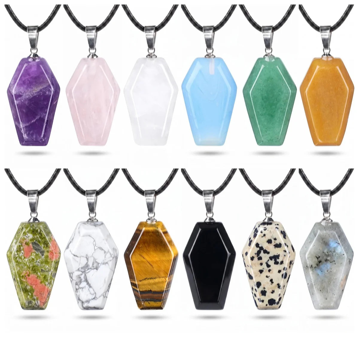 30mm Gemstone Coffin Necklace Black Cord  for Halloween & Daily Goth Wear #SN1378