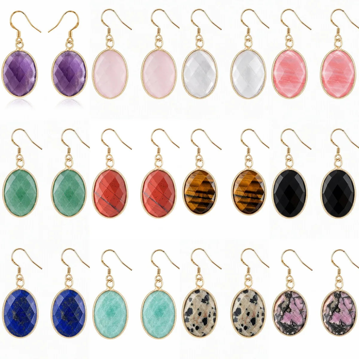 Natural Gemstone Faceted Oval Gold Bezel Fish Hook Dangle Earrings Gold Plated Crystal Drop Earrings Women Jewelry Gift