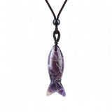 Handmade Craved Gemstone Fish Pendant Necklace Adjustable Rope Unique Gift for Her/Him