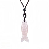 Handmade Craved Gemstone Fish Pendant Necklace Adjustable Rope Unique Gift for Her/Him
