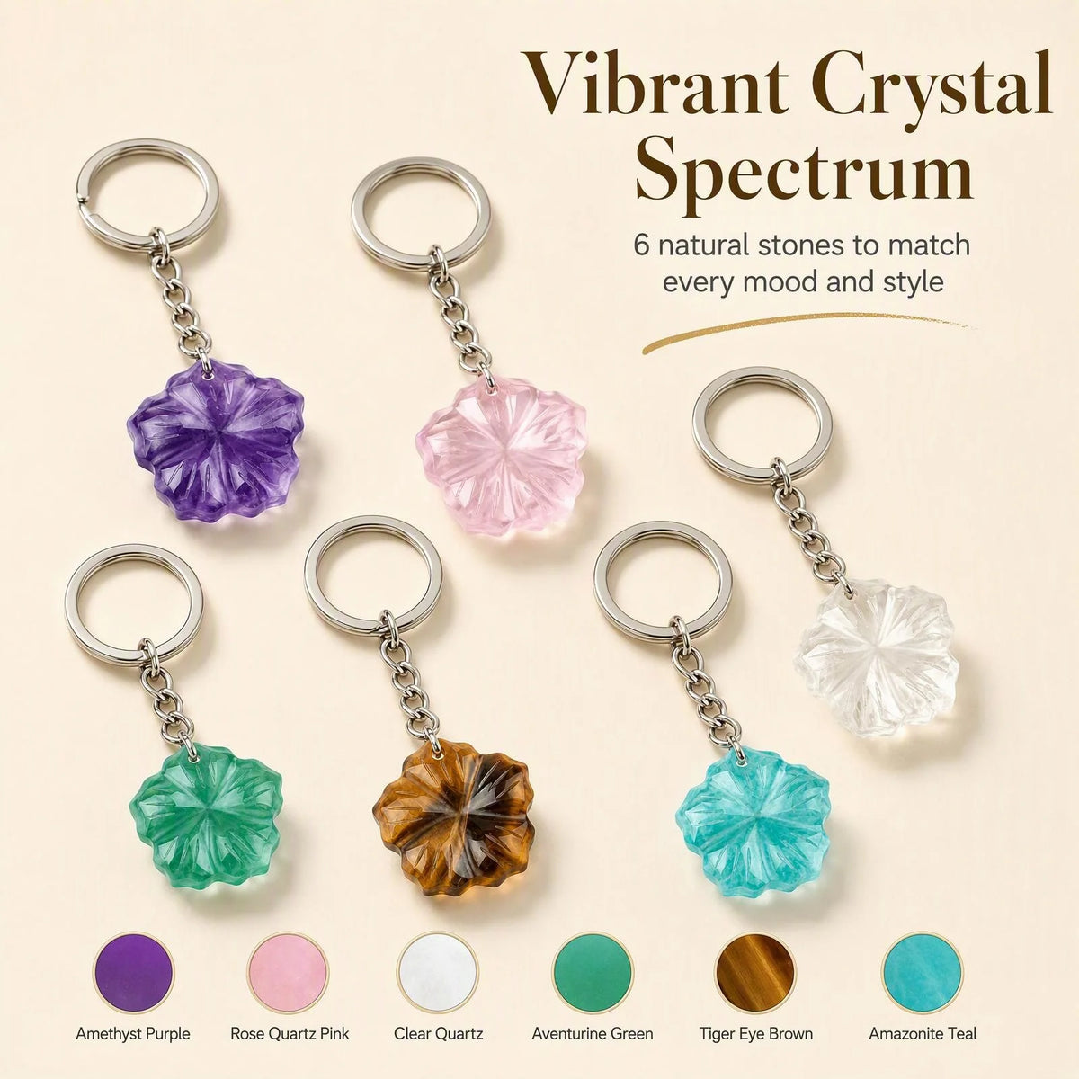 Natural Crystal Flower Keychain, 20mm Hand Carved Gemstone Keyring Charm, 6 Colors Healing Stone