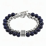 Men Double Layer Gemstone Bead Bracelet, Stainless Steel Chain OT Clasp Bracelet, 8mm Healing Crystal Wrist Jewelry Gift