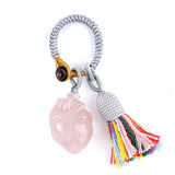 Healing Crystal Heart Key Ring Colorful Tassel Woven Rope Key Holder Women Spiritual Stone Bag Accessory Birthday Gift KC2043