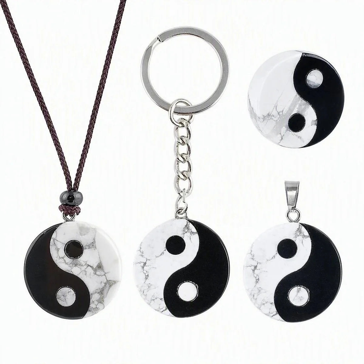 Yin Yang Necklace Natural Howlite Obsidian Tai Chi Pendant Zen Balance Amulet 25mm Fengshui Ornament for Decoration & Jewelry