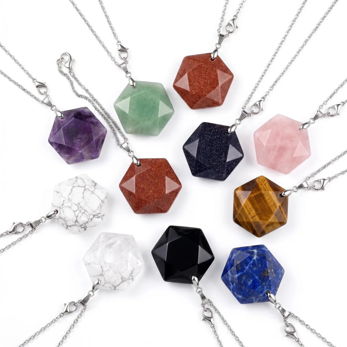22mm Faceted Hexagon Natural Stone Necklace Healing Crystal Pendant with Stainless Steel Chain Gift