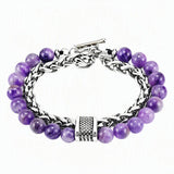 Men Double Layer Gemstone Bead Bracelet, Stainless Steel Chain OT Clasp Bracelet, 8mm Healing Crystal Wrist Jewelry Gift