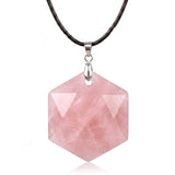 22mm Faceted Hexagon Natural Stone Necklace Healing Crystal Pendant with Black Rope Chain Jewelry Gift