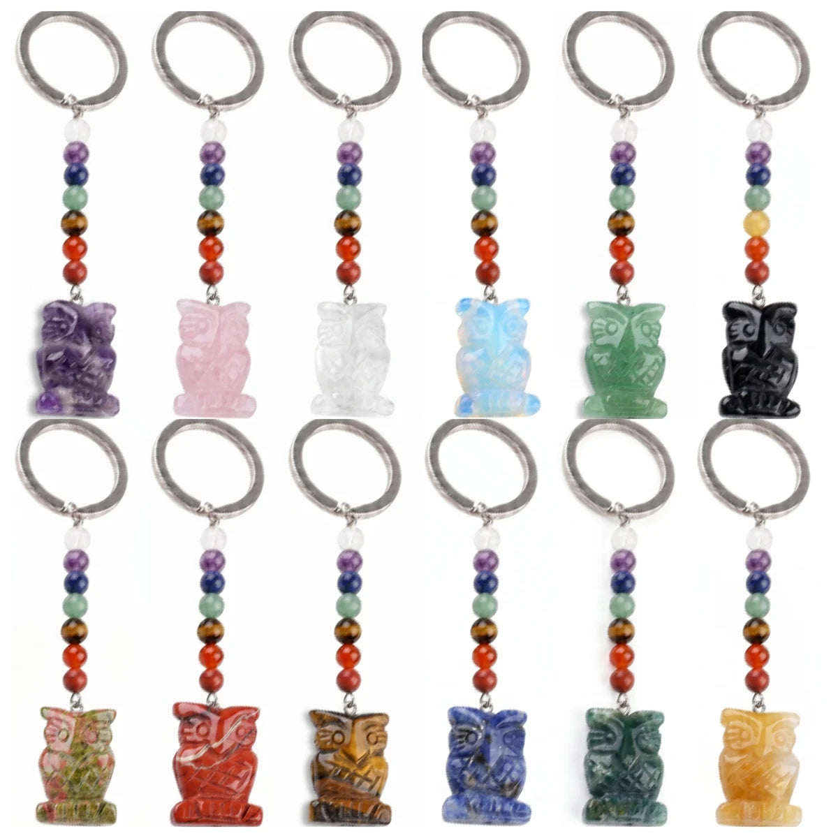 Natural Gemstone Owl Keychain with 7 Chakra Stone Beads Chains Hand-Carved Crystal Animal Key Ring for Women Men KC2329