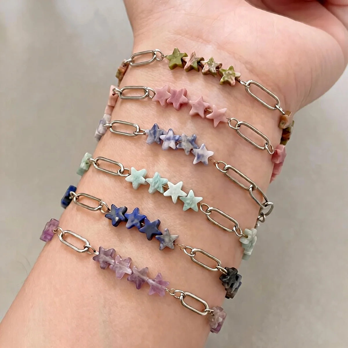Natural Star Crystal Beaded Bracelet Stainless Steel Paperclip Chain Adjustable Multi‑Color Gemstone Bracelet Women Stacking #SB3162