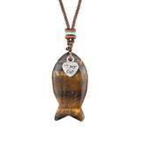 I Love My Cat Crystal Fish Pendant Necklace Metal Heart Charm Healing Choker Adjustable Braided Rope Jewelry Women Men
