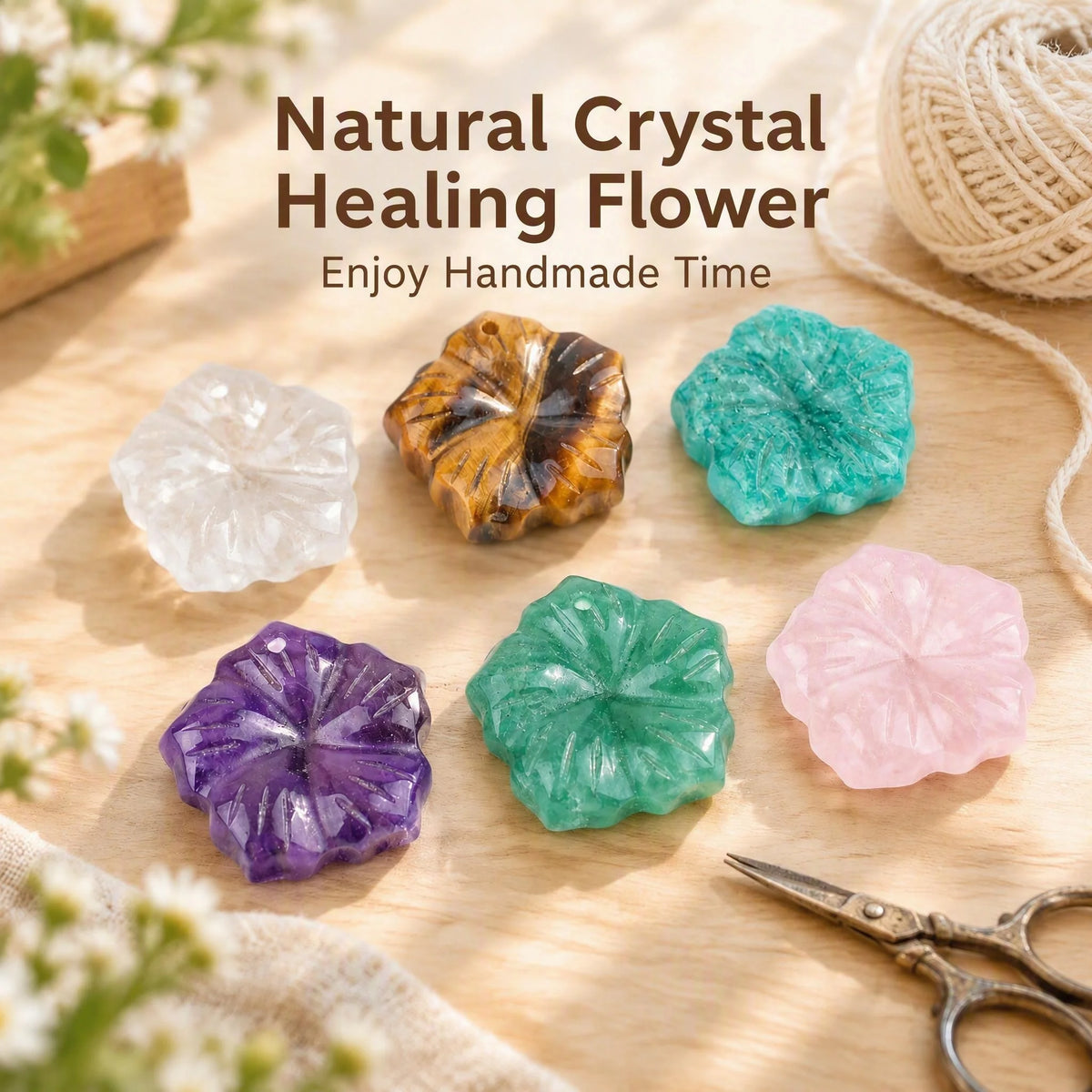 20mm Hand Carved Natural Crystal Flower Pendant, Mixed Gemstone Stone Charm with Hole for DIY Necklace Jewelry Making