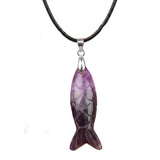 Handmade Craved Gemstone Fish Pendant Necklace 45cm Adjustable Leather Cord Spiritual Crystal Jewelry