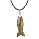 Handmade Craved Gemstone Fish Pendant Necklace 45cm Adjustable Leather Cord Spiritual Crystal Jewelry