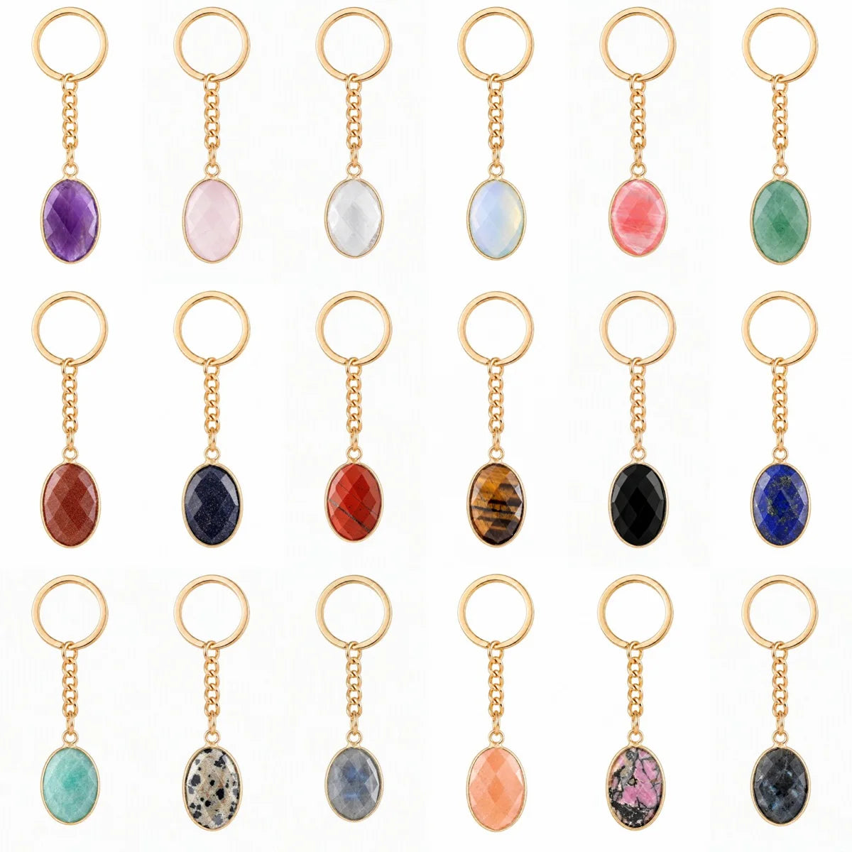 Oval Faceted Natural Crystal Gold Plated Keychain Multiple Stone Option Healing Stone Key Chain for Bag Decor