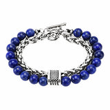 Men Double Layer Gemstone Bead Bracelet, Stainless Steel Chain OT Clasp Bracelet, 8mm Healing Crystal Wrist Jewelry Gift