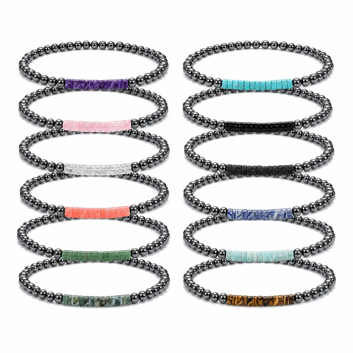 Dainty 4mm Hematite Bead Bracelet Mixed Natural Stone Tube Disc Bead Elastic Stackable Bracelet for Ladies #SB3156