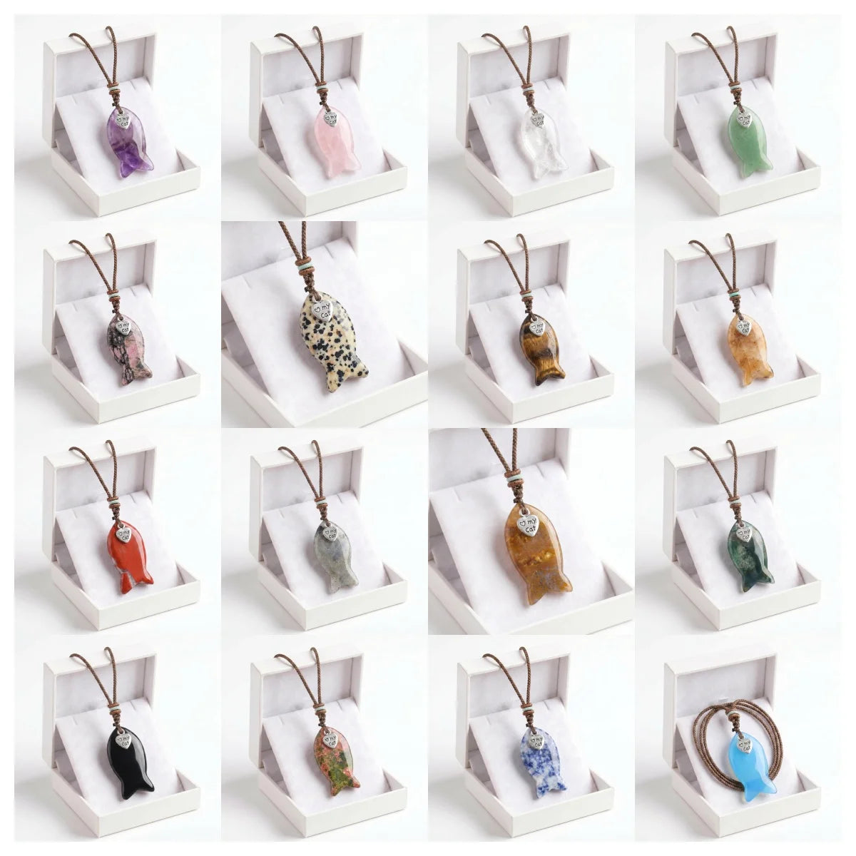 Adjustable Braided Rope Choker Necklace with Gemstone Fish & I Love My Cat Metal Heart Charm - Trendy Jewelry Gift with Box