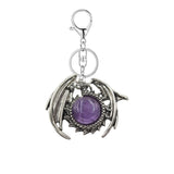 Vintage Silver Dragon Medallion Keychain, Genuine Healing Stone Chakra Amulet Keyring, Mythical Protection Car Key Holder Accessory