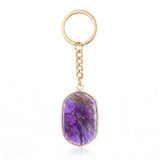 Natural Stone Keychains Gold Plated Faceted Rectangle Crystal Charms Ring for Car Keys Handbag Pendant Jewelry Making #KC2059
