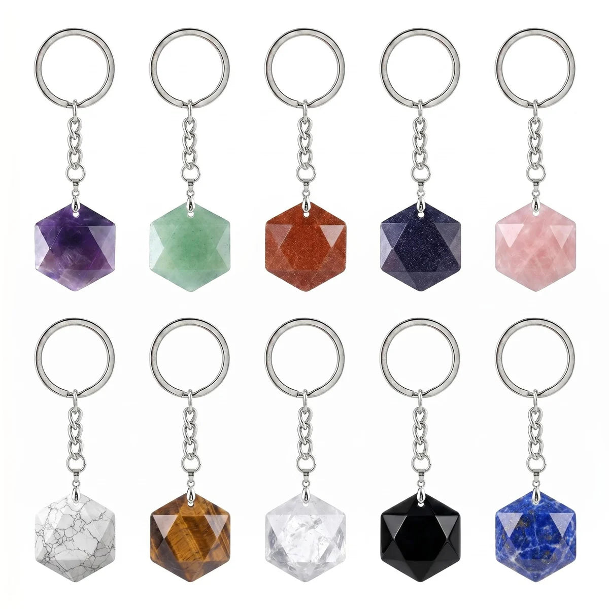22mm Faceted Hexagon Natural Stone Keychain Healing Crystal Bag Charm Ring Jewelry Gift