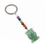 Natural Gemstone Owl Keychain with 7 Chakra Stone Beads Chains Hand-Carved Crystal Animal Key Ring for Women Men KC2329