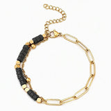 4mm Natural Stone Heishi Bead Bracelet Gold Stainless Steel Paperclip Chain Adjustable Multi-Color Gemstone Layering Jewelry #SB3163