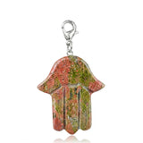 Natural Crystal Hamsa Hand Charm Tag Gemstone Bag Pendant with Lobster Clasp for Protection