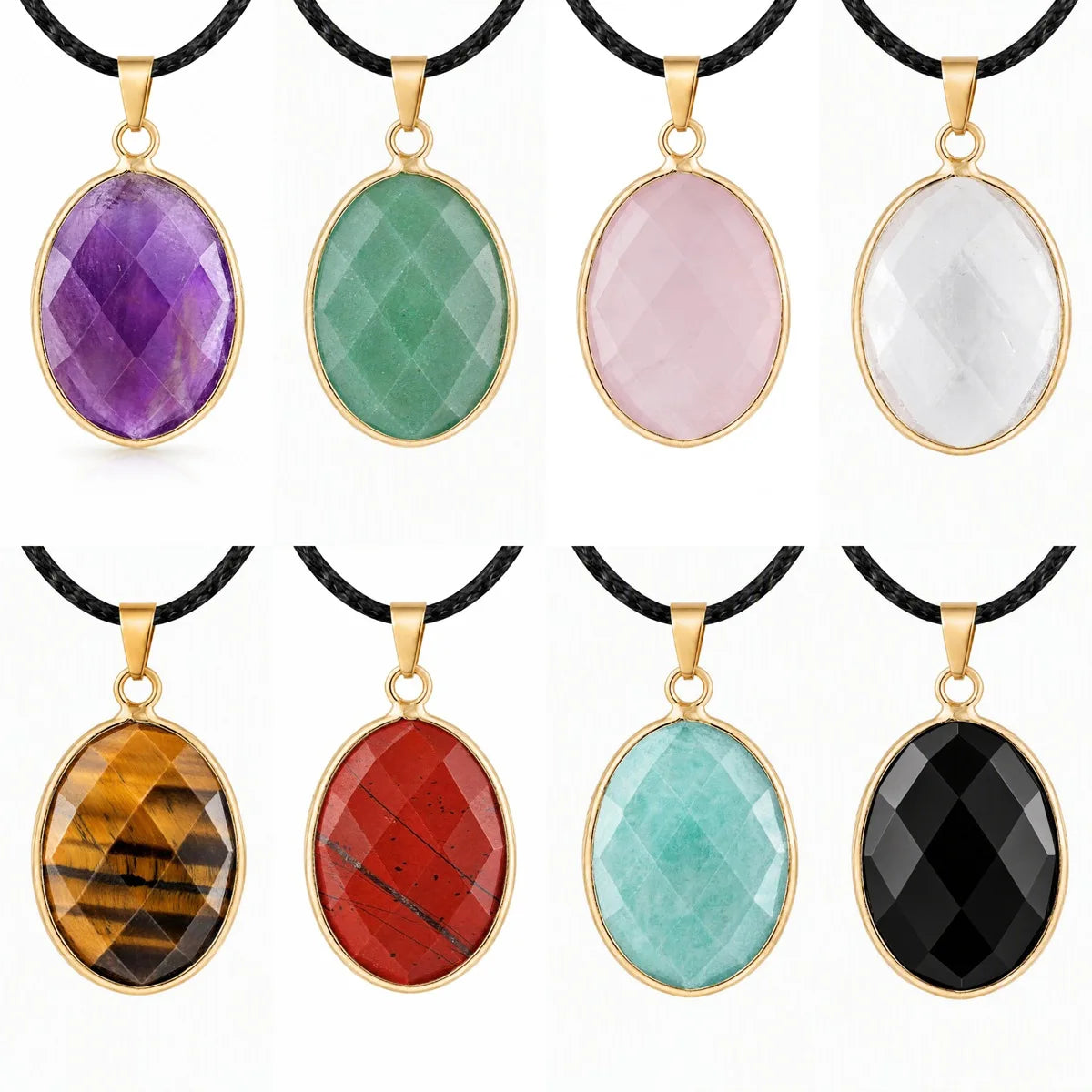 Gemstone Faceted Oval Gold Bezel Pendant Black Wax Rope Necklace Gift Multiple Stone Options Healing Crystal Necklace