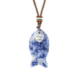 I Love My Cat Crystal Fish Pendant Necklace Metal Heart Charm Healing Choker Adjustable Braided Rope Jewelry Women Men