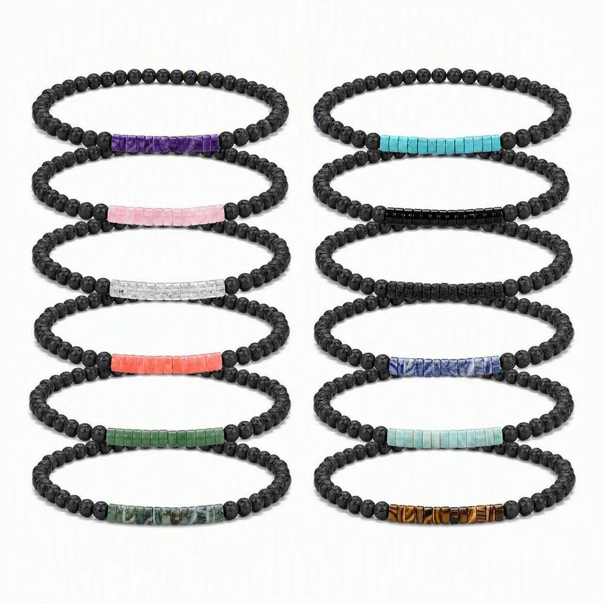 4mm Lava Rock Round Bead Bracelet Natural Stone Flat Disc Bead Stretch Bracelet Boho Crystal Jewelry for Women #SB3156