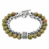 Men Double Layer Gemstone Bead Bracelet, Stainless Steel Chain OT Clasp Bracelet, 8mm Healing Crystal Wrist Jewelry Gift