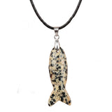 Handmade Craved Gemstone Fish Pendant Necklace 45cm Adjustable Leather Cord Spiritual Crystal Jewelry