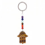 7 Chakra Stone Beads Chain Carved Gemstone Hamsa Hand Keychain Energy Balancing Healing Crystal Bag Charm of Fatima Key Ring  KC0671