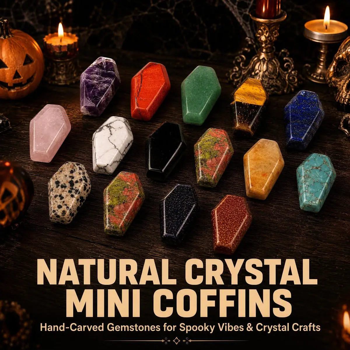 Polished Crystal Coffin Stone Carving 30mm Natural Quartz Obsidian Tiger Eye Coffin Ornament for Halloween Party Home Decoration