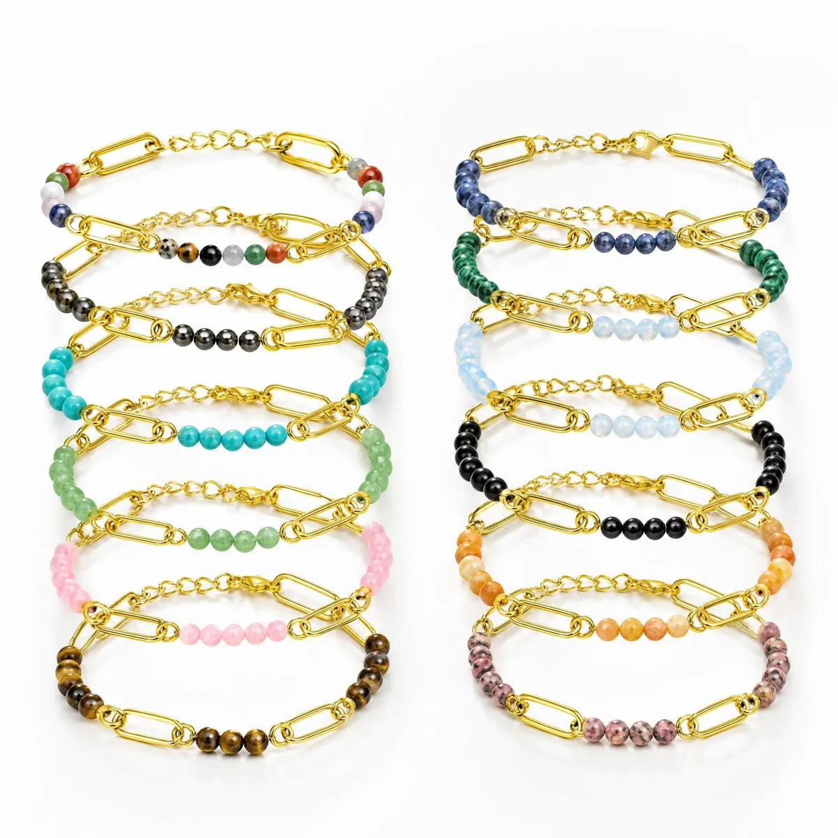 Gold Stainless Steel Paperclip Chain Bracelet Tiny Gemstone Bead Adjustable Dainty Layering Bracelets for Women #SB3161G