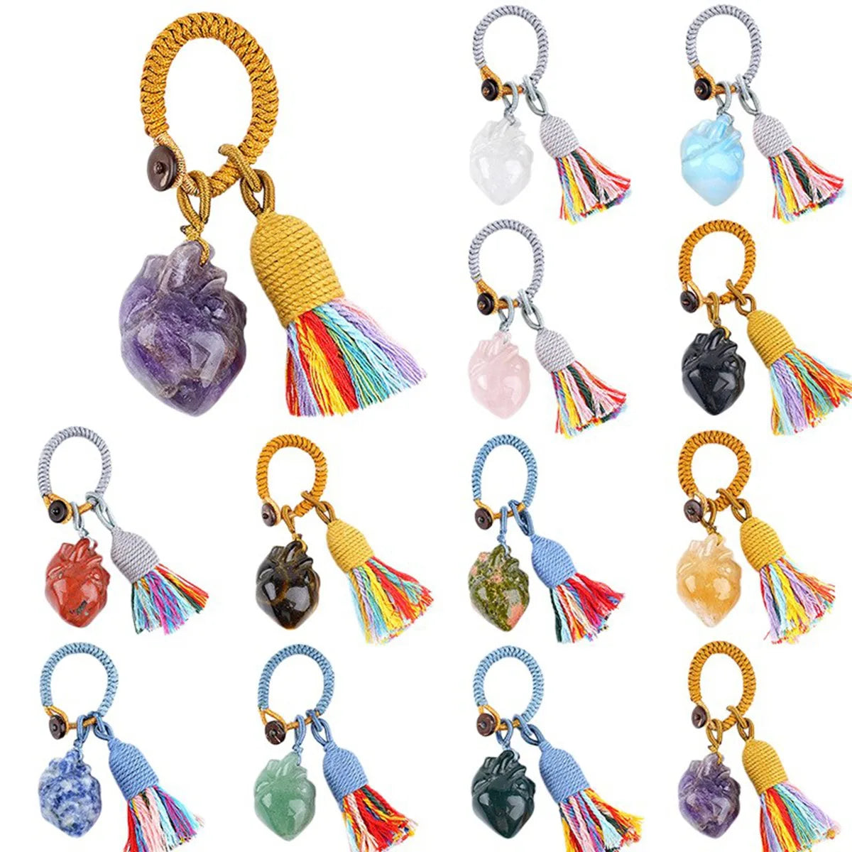 Healing Crystal Heart Key Ring Colorful Tassel Woven Rope Key Holder Women Spiritual Stone Bag Accessory Birthday Gift KC2043
