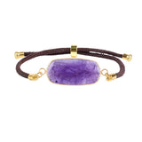Rectangle Flat Natural Gemstone Bracelet, Adjustable Brown Braided Cord Gold‑Bezel Healing Crystal Handmade Unisex Stackable Wrist Jewelry