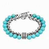 Men Double Layer Gemstone Bead Bracelet, Stainless Steel Chain OT Clasp Bracelet, 8mm Healing Crystal Wrist Jewelry Gift