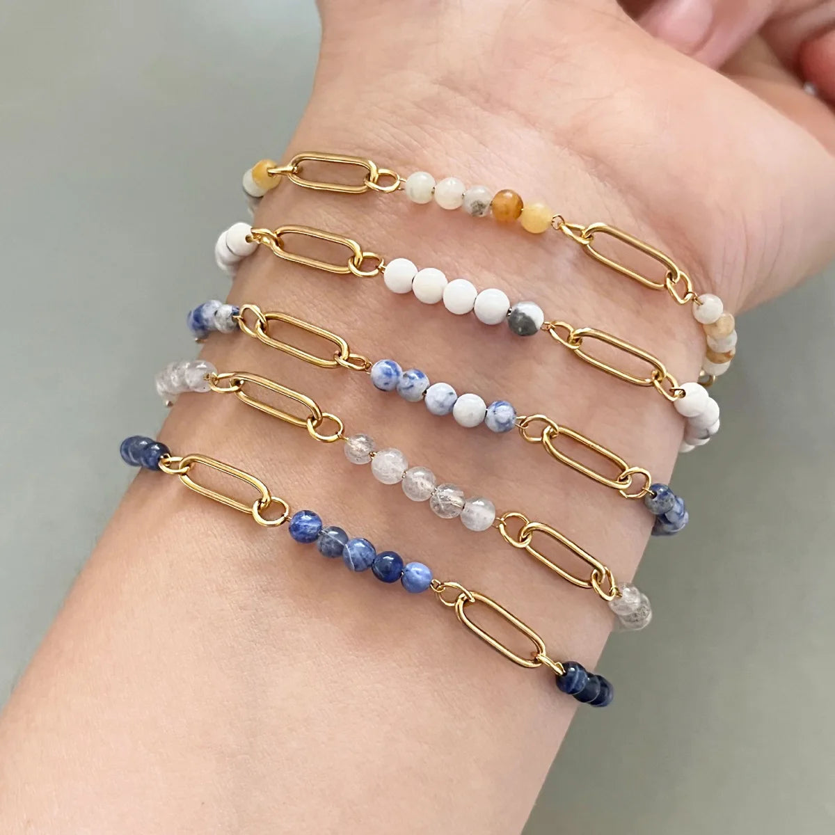 Gold Stainless Steel Paperclip Chain Bracelet Tiny Gemstone Bead Adjustable Dainty Layering Bracelets for Women #SB3161G